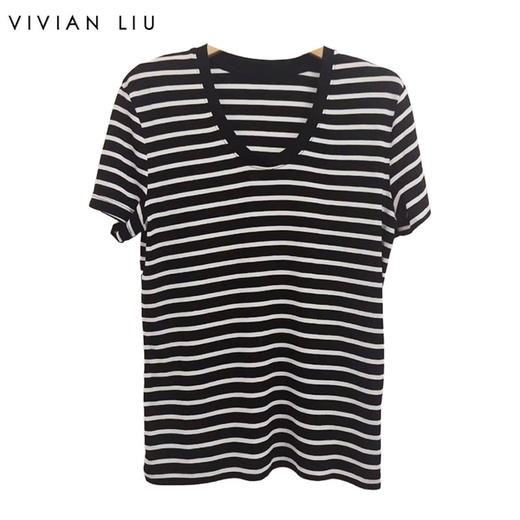 VIVIAN LIU薇薇安刘C2537302夏女装新款大U领针织条纹半袖 商品图0