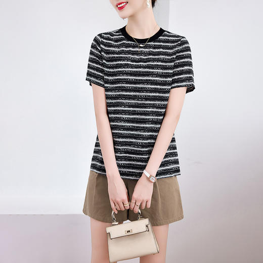 丁摩时尚高端双绉重磅真丝上衣女短袖新款桑蚕丝条纹显瘦T恤AL 商品图1