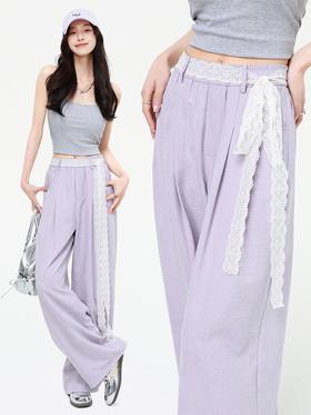 【YW】无忧购夏季蕾丝飘带休闲裤高腰宽松拖地直筒长裤LB-51059