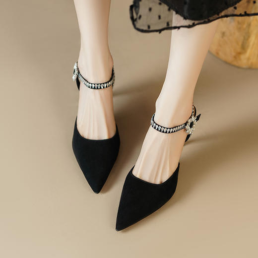 【预售5天】羊翻皮包头后空凉鞋女夏季新款女鞋欧美尖头水钻一字扣高跟鞋FDJ&YC--088 商品图2