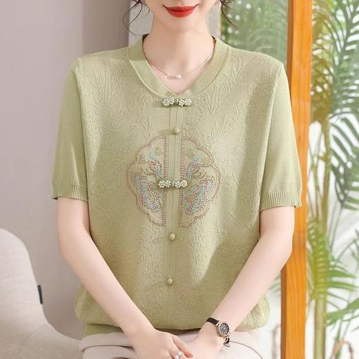【YW】无忧购中老年妈妈新中式国风薄款针织冰丝透气短袖上衣2501(截单后7天发货) 商品图2
