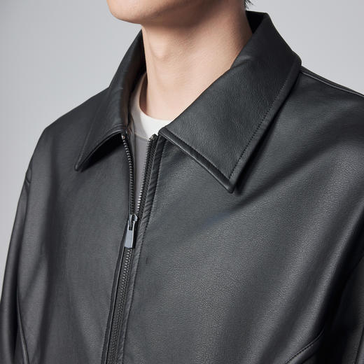 墨麦客男装洗水PU皮翻领夹克男2024秋新款简约纯色男士外套81221 商品图2