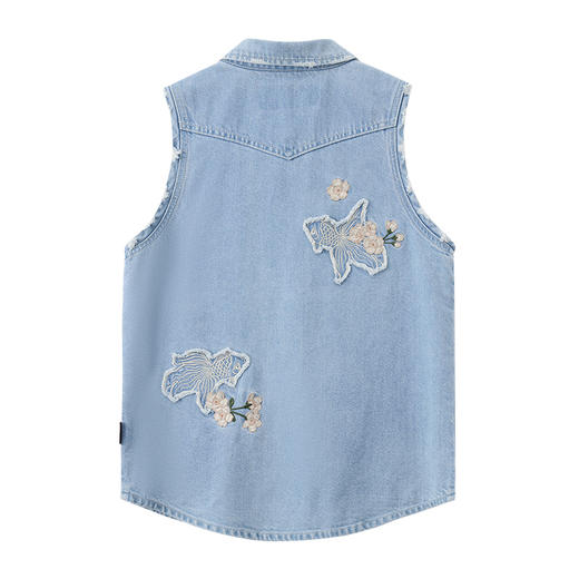 ONIARAI/鬼洗25春夏泥棒蓝女款樱花金鱼贴布绣牛仔马甲 N340219 商品图4
