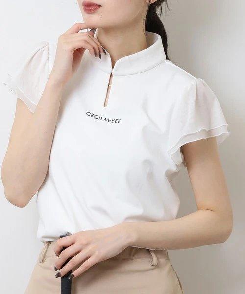 CECIL McBEE green 高尔夫女士 薄纱小飞袖立领盘扣短袖 速干运动T恤 商品图3