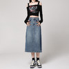 雀说梨型身材牛仔半身裙新款高腰复古小个子中长开叉A字裙AL709 商品缩略图1