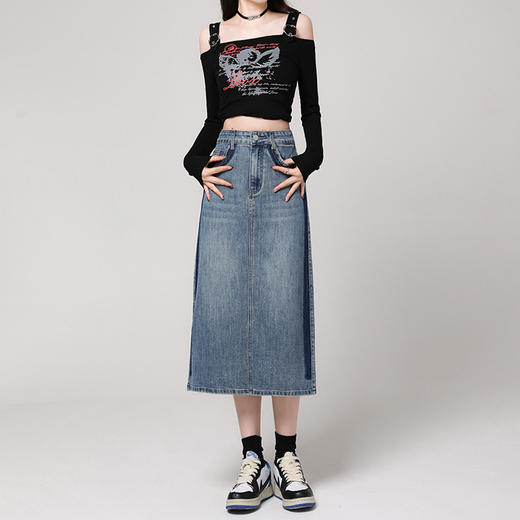 雀说梨型身材牛仔半身裙新款高腰复古小个子中长开叉A字裙AL709 商品图1