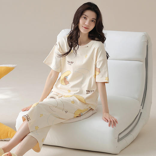 【免穿文胸】2025新款短袖七分裤睡衣套装 100%纯棉薄款春夏家居服休闲舒适可外穿 商品图0
