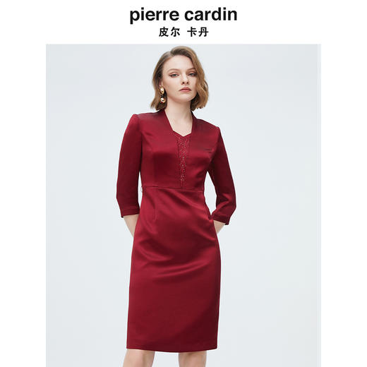 [皮尔卡丹女装]季新款蓝色短袖V领A字裙绣花裙子 商品图3