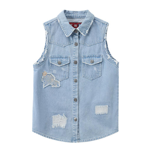 ONIARAI/鬼洗25春夏泥棒蓝女款樱花金鱼贴布绣牛仔马甲 N340219 商品图2