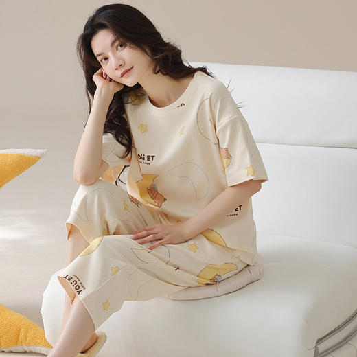【免穿文胸】2025新款短袖七分裤睡衣套装 100%纯棉薄款春夏家居服休闲舒适可外穿 商品图2