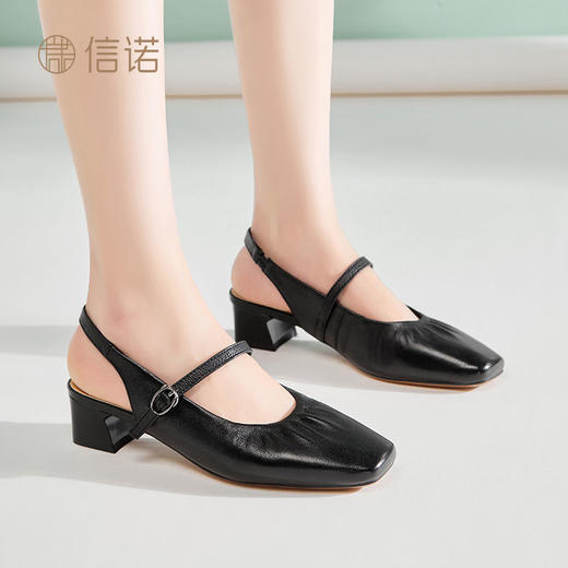 信诺羊皮粗跟包头凉鞋女2025夏季新款优雅时尚法式方头一字带凉鞋X5C032-58 商品图5