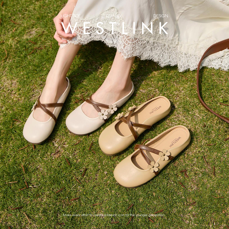 【限时秒杀】西遇包头半拖鞋女新款春夏花朵法式圆头平底外穿玛丽珍穆勒鞋V0656467