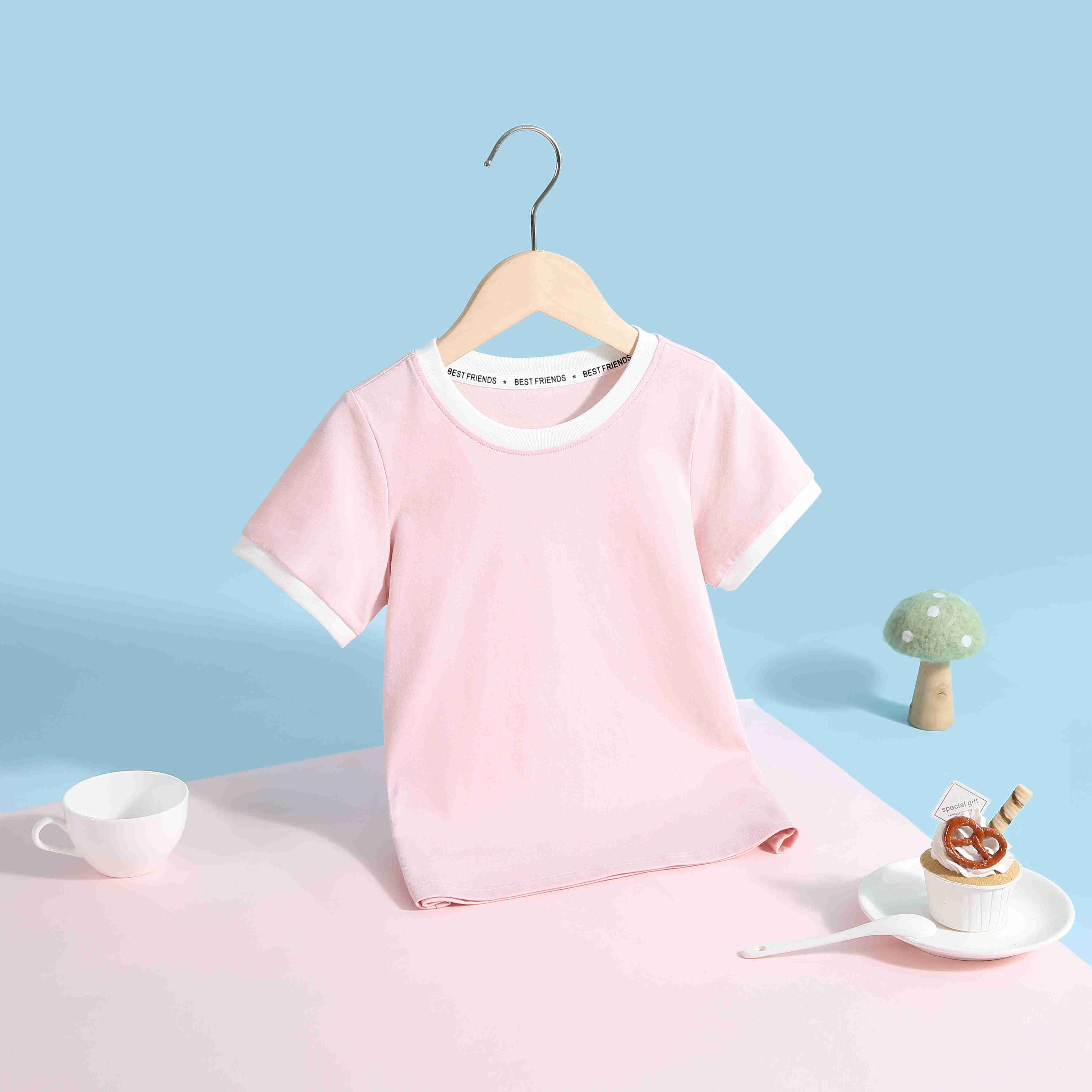 【90-140】女童夏款撞色接边短袖T恤100%棉