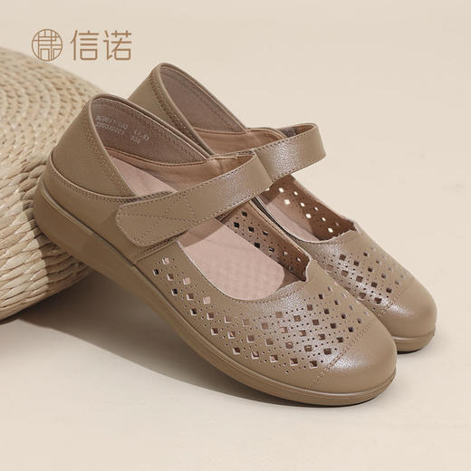 信诺妈妈凉鞋镂空透气洞洞鞋2025夏季新款舒适软底真皮平底老人鞋5C9811-033 商品图9