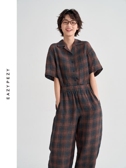 布尔乔亚亚麻格纹衬衫气球裤套装 商品图1