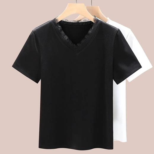 【自】全新升级【铂金会员100/天猫129/差价29】(13452) 洛诗琳蕾丝花边t恤女2025夏季新款V领体恤修身显瘦正肩上衣 商品图1