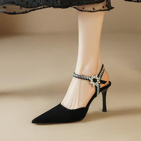 【预售5天】羊翻皮包头后空凉鞋女夏季新款女鞋欧美尖头水钻一字扣高跟鞋FDJ&YC--088