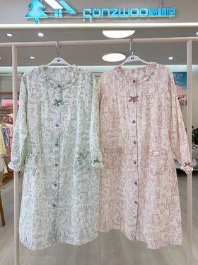 -松植屋女款藤蔓长袖纱布睡裙100%棉，双层柔纱软亲肤，越洗越软，夏季吸汗透气，长度过膝