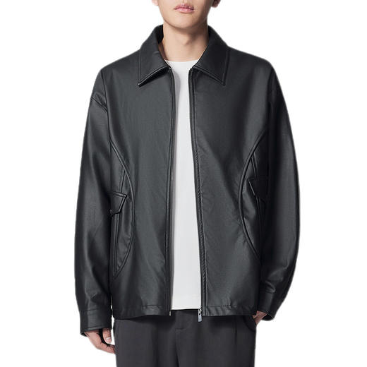 墨麦客男装洗水PU皮翻领夹克男2024秋新款简约纯色男士外套81221 商品图4