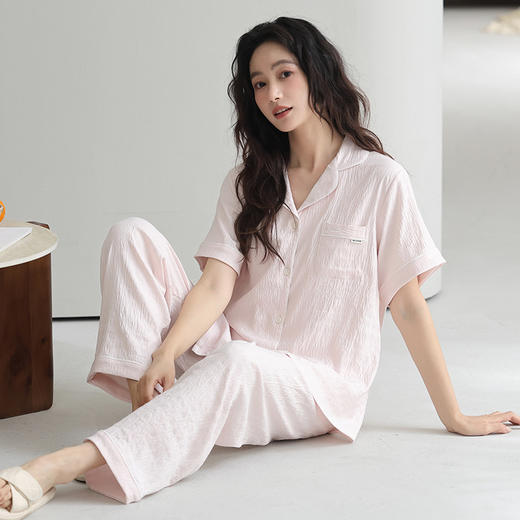 【带胸垫防走光】2025新款云朵棉短袖长裤家居服 免穿文胸日系高级感睡衣套装 商品图1