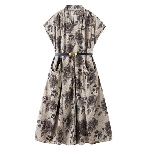 丁摩 印花V领短袖口袋宽松碎花女士长裙YG82960 商品图4