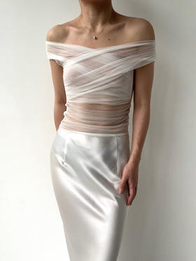 SIJIA｜白色一字肩褶皱网纱T [ 白SS2511 ]