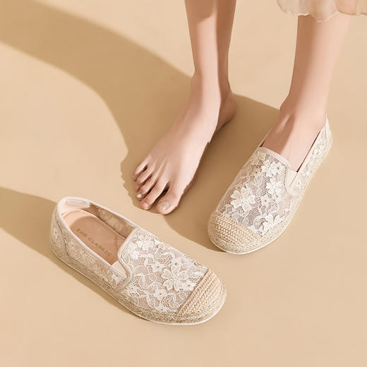 ZHR渔夫鞋女2025夏季新款蕾丝镂空懒人一脚蹬平底单鞋女W116 商品图1