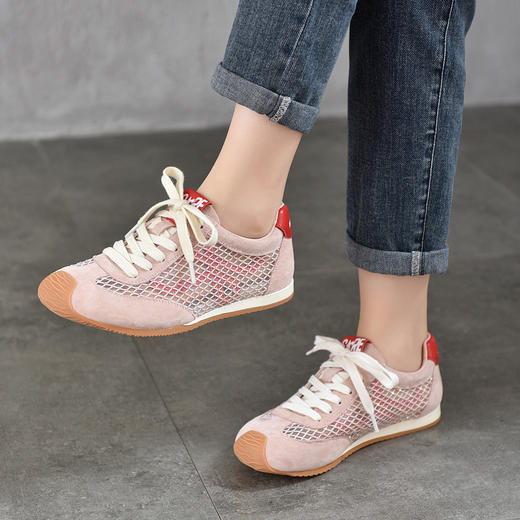 TN T6733-59糖果色透气网面系带休闲鞋真皮软底阿甘鞋运动风网鞋 商品图2
