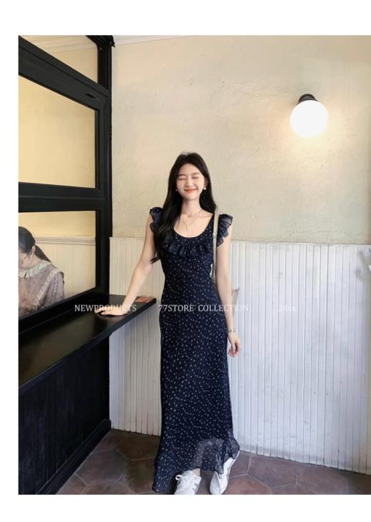 ✨前后2穿🦋领口经过设计师严格把控【法式荷叶边碎花连衣裙】附身不会走光无袖设计，荷叶边花边小飞袖 商品图3