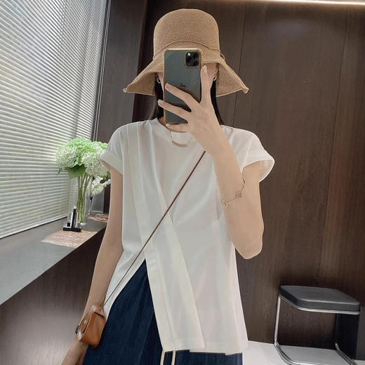 雀说下摆开叉短袖衬衫新款通勤薄款小个子休闲上衣AL45084 商品图0