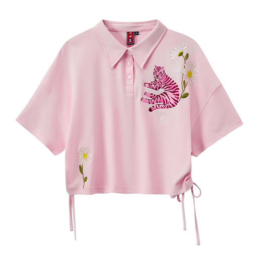 ONIARAI/鬼洗25春夏泥棒蓝女款粉红虎绣花抽褶宽松POLO衫 N840271 商品图2