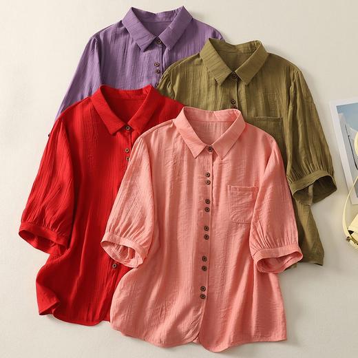 雀说纯色五分袖衬衫女棉质开衫上衣9050 商品图0