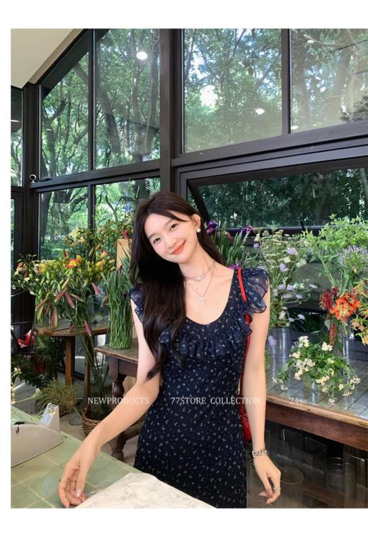 ✨前后2穿🦋领口经过设计师严格把控【法式荷叶边碎花连衣裙】附身不会走光无袖设计，荷叶边花边小飞袖 商品图1