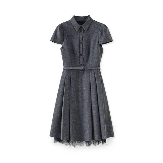 【高货wl】全新升级【铂金会员330/天猫439/差价109】(00202) 洛诗琳复古时髦洋气翻领短袖拼蕾丝压褶收腰显瘦连衣裙 商品图4