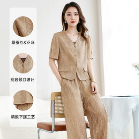 QS-62599792+42599516【桑蚕丝+亚麻】丝麻混纺短款小衫长裤套装女通勤休闲西裤套装女