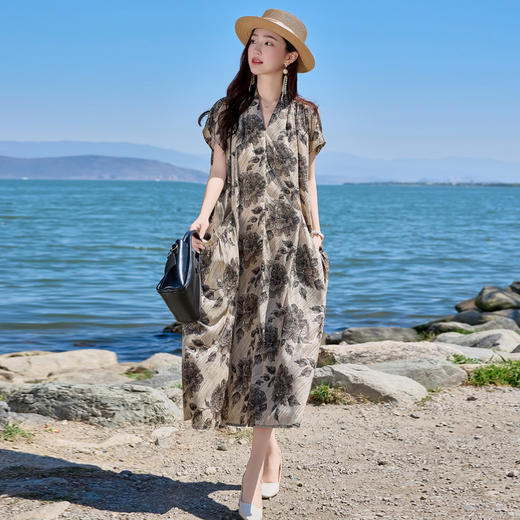 丁摩 印花V领短袖口袋宽松碎花女士长裙YG82960 商品图0