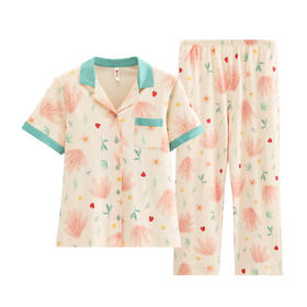 芬腾睡衣女款夏季纯棉短袖长裤薄款翻领开衫全棉可外穿家居服套装