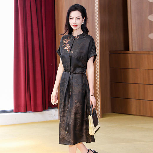 丁摩提花香云纱连衣裙新款立领刺绣新中式气质真丝桑蚕丝裙AL221932 商品图2