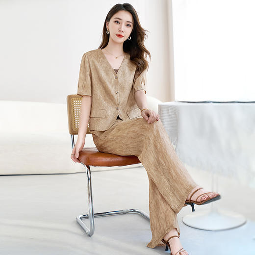 QS-62599792+42599516【桑蚕丝+亚麻】丝麻混纺短款小衫长裤套装女通勤休闲西裤套装女 商品图3