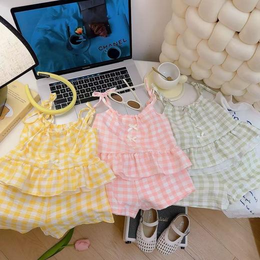 【格子控蝴蝶结设计，萌趣十足~】夏季两件套 格子控蝴蝶结吊带套装 女童洋气格子背心裙裤套装-QQ 商品图1