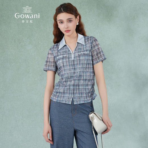 乔万尼新款衬衫女格子短袖衬衫蓝色衬衫女EM2C748 商品图1