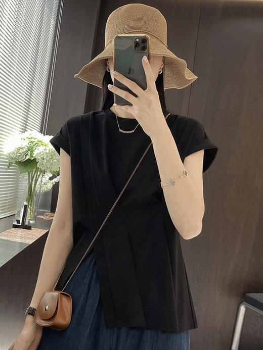 雀说下摆开叉短袖衬衫新款通勤薄款小个子休闲上衣AL45084 商品图6