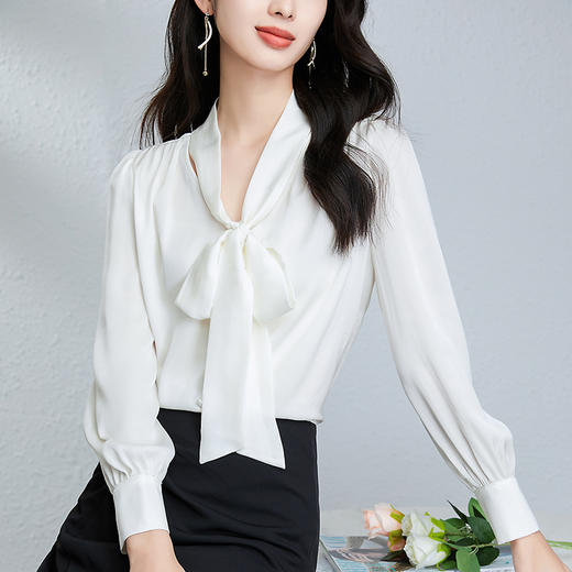 丁摩桑蚕丝衬衣女春季新款重磅真丝双乔法式V领蝴蝶结衬衫高级感上衣AL25013 商品图3