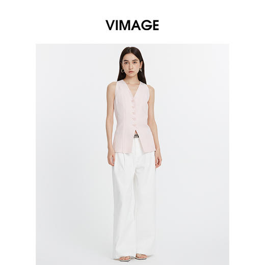 VIMAGE纬漫纪浅粉色百搭V领单排扣修身百搭马夹背心2025春季新款V2303914 商品图0