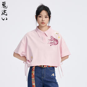 ONIARAI/鬼洗25春夏泥棒蓝女款粉红虎绣花抽褶宽松POLO衫 N840271