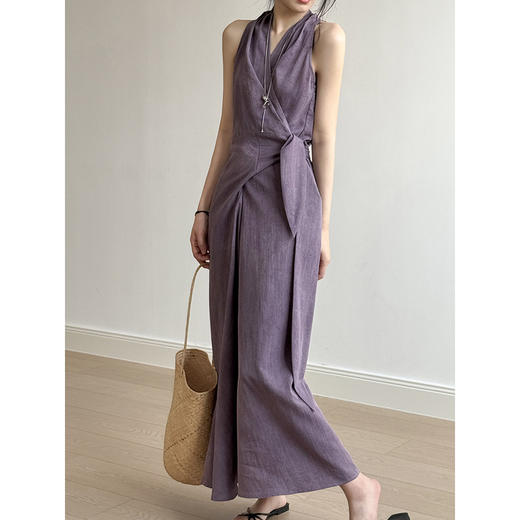 丁摩 法式复古v领无袖挂脖连衣裙82273 商品图1