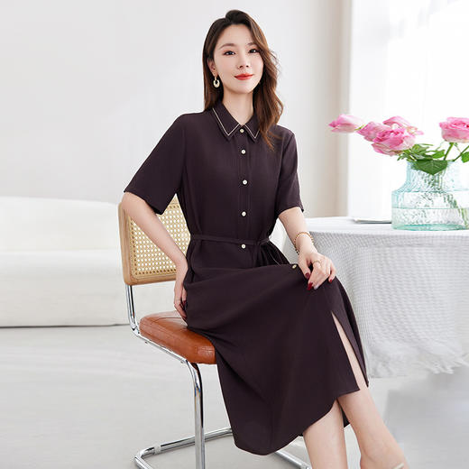 QS-82598902【100%真丝】冠乐绉桑蚕丝连衣裙女大码优雅显瘦中长H裙子8902 商品图3