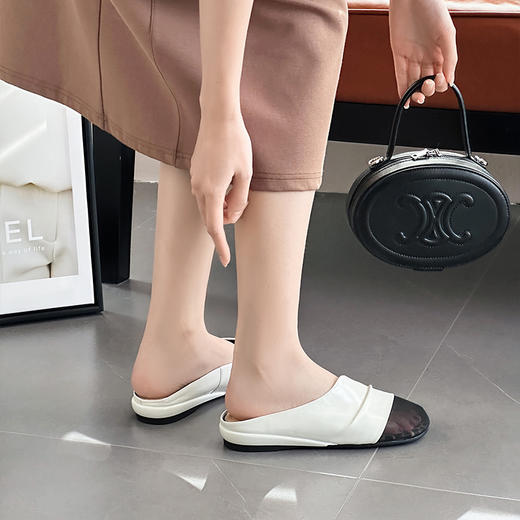 经典鲨2025夏季新款牛皮革法式复古拼接时尚懒人半拖凉鞋女KW333-529051 商品图1