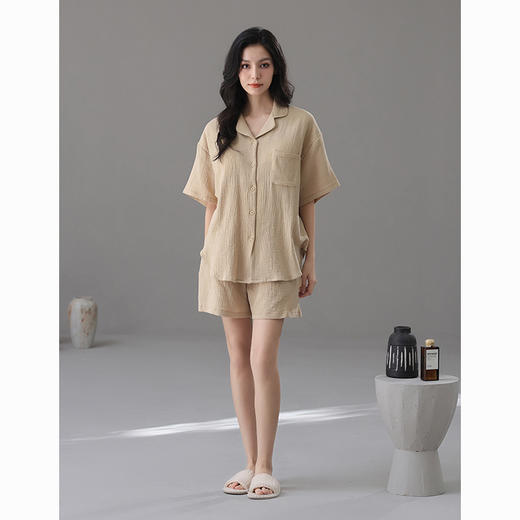 雀说【A类双层纱】婴儿棉春夏情侣睡衣棉纱短袖宽松款女胸垫家居服AL6300 商品图7