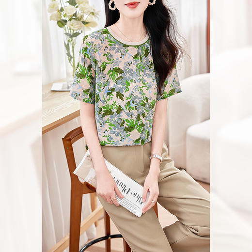 丁摩 真丝双绉圆领桑蚕丝短袖T恤女AST0109 商品图2